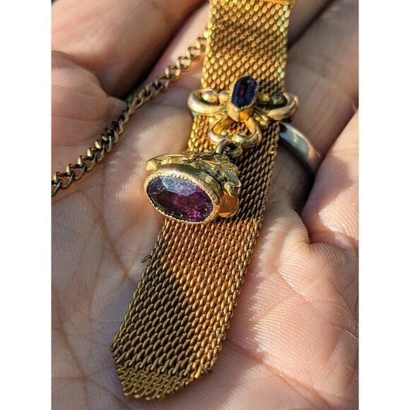 Antique Gold Fill Vest Pocket Clip Watch Chain Mesh Charm Victorian w/ Amethysts - Picture 8 of 12